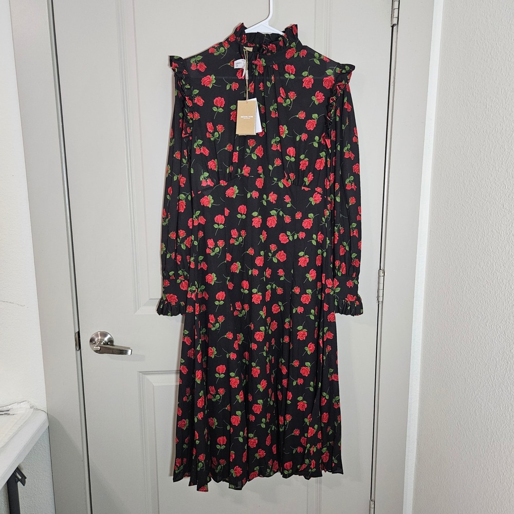 $1995 NEW Michael Kors Collection Rose Print Ruffle Midi Dress Crimson Italy 12